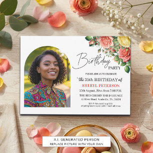 Invitation Fête d'anniversaire élégante florale avec photo 35