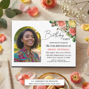 Invitation Fête d'anniversaire élégante florale avec photo 37