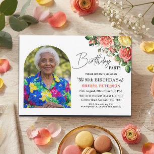Invitation Fête d'anniversaire élégante florale avec photo 95