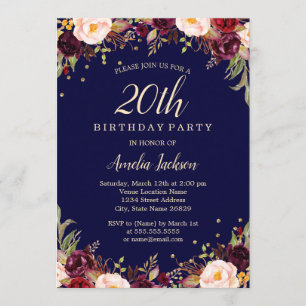 Invitation Fête d'anniversaire élégante florale Burgundy Navy