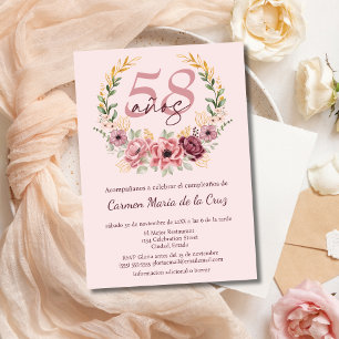 Invitation Fête d'anniversaire élégante florale rose espagnol