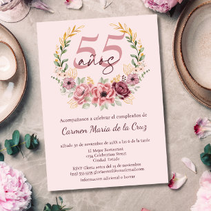 Invitation Fête d'anniversaire élégante florale rose espagnol