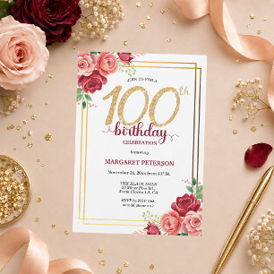 Invitation Fête d'anniversaire élégante Gold Blush Floral 100