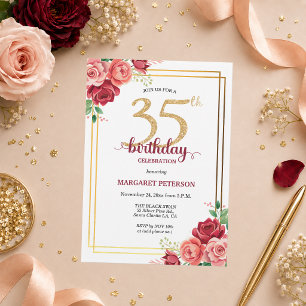 Invitation Fête d'anniversaire élégante Gold Blush Floral 35