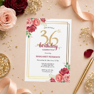 Invitation Fête d'anniversaire élégante Gold Blush Floral 36