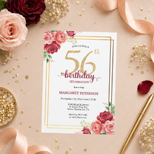 Invitation Fête d'anniversaire élégante Gold Blush Floral 56