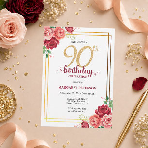 Invitation Fête d'anniversaire élégante Gold Blush Floral 90