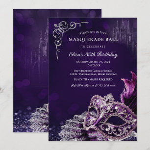 Invitation Fête d'anniversaire élégante Mascarade Argent Viol