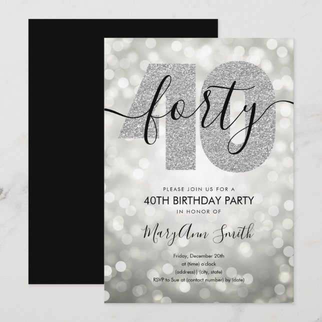 Invitation Fête d'anniversaire élégante moderne argentée pour (Devant / Derrière)