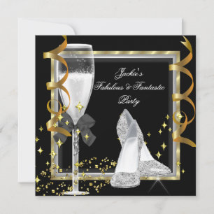 Invitation Fête d'anniversaire élégante noir argent or pour f