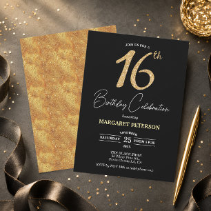 Invitation Fête d'anniversaire élégante noire avec paillettes