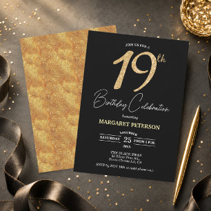 Invitation Fête d'anniversaire élégante noire avec paillettes