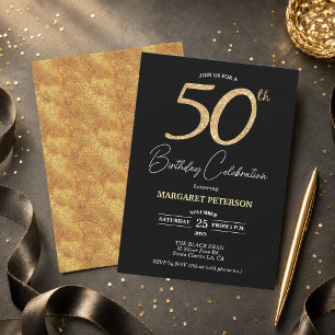 Invitation Fête d'anniversaire élégante noire avec paillettes