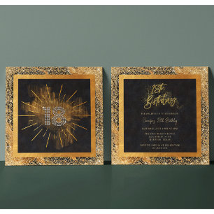 Invitation Fête d'anniversaire élégante noire et dorée avec p