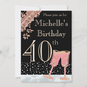 Invitation Fête d'anniversaire élégante noire et or rose 40 a