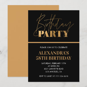 Invitation Fête d'anniversaire élégante noire et or script 58