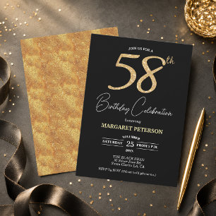 Invitation Fête d'anniversaire élégante noire paillettes or 5