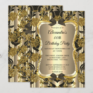 Invitation Fête d'anniversaire élégante or sépia noir damas