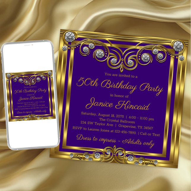 Invitation Fête d'anniversaire élégante pour femme en violet  (Womans purple gold any number birthday invitation. Download and printed invitations available.)
