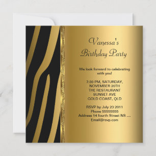 Invitation Fête d'anniversaire élégante rayure zèbre noir or