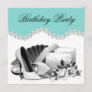 Invitation Fête d'anniversaire élégante rose blanche sarcelle