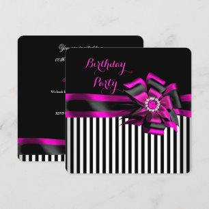 Invitation Fête d'anniversaire élégante rose et noir à nœud e