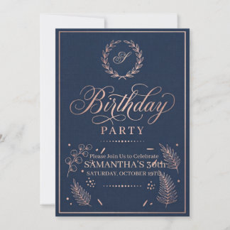 Invitation Fête d'anniversaire élégante rose gold et bleu mar