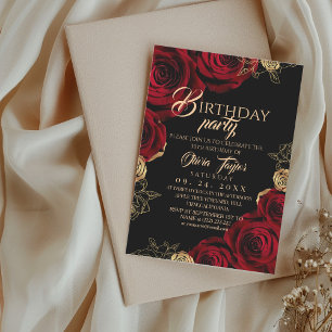 Invitation Fête d'anniversaire élégante rose noire rouge