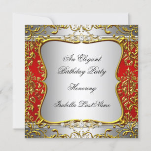 Invitation Fête d'anniversaire élégante rouge damassé argent 