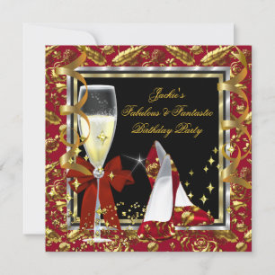 Invitation Fête d'anniversaire élégante rouge florale noir or