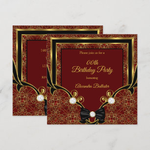 Invitation Fête d'anniversaire élégante rouge or perle noir n