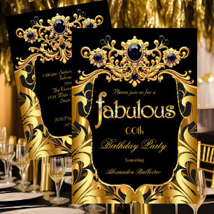 Invitation Fête d'anniversaire élégante soie or noir damas ge