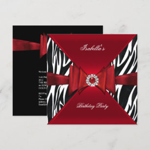 Invitation Fête d'anniversaire élégante Zèbre Rouge Noir Diam