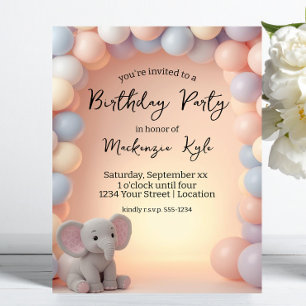 Invitation Fête d'anniversaire Éléphant Bébé et Ballons