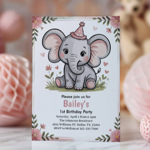Invitation Fête d'anniversaire éléphant rose mignon pour enfa