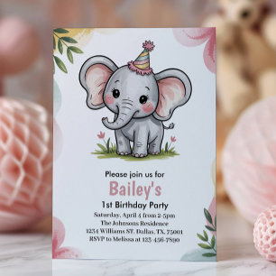 Invitation Fête d'anniversaire éléphant rose mignon pour enfa