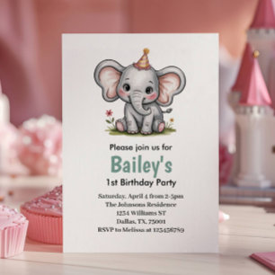 Invitation Fête d'anniversaire éléphant rose mignon pour fill