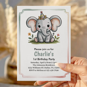 Invitation Fête d'anniversaire éléphant vert mignon pour enfa