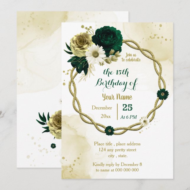 Invitation Fête d'anniversaire Emerald green ivoire or wreath (Devant / Derrière)