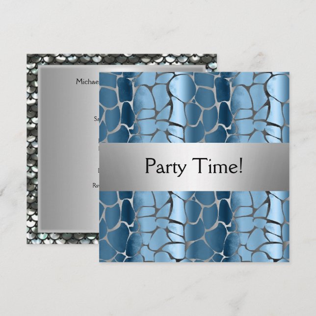 Invitation Fête d'anniversaire en argent bleu Personnalisé (Devant / Derrière)