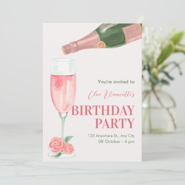 Invitation Fête d'anniversaire en bouteille de champagne rose (Debout devant)