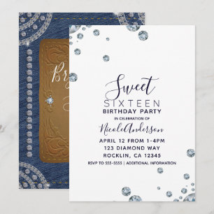 Invitation Fête d'anniversaire en cuir Denim & Diamonds Sweet