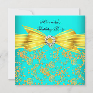 Invitation Fête d'anniversaire en damassé sarcelle jaune rose