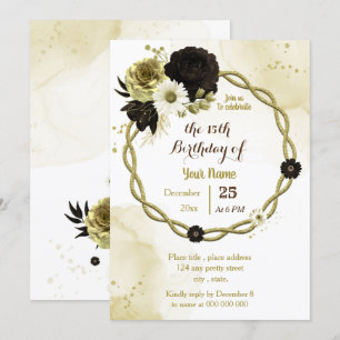 Invitation fête d'anniversaire en ivoire brun or fleuri