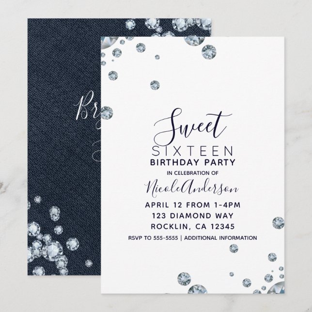 Invitation Fête d'anniversaire en jean et diamants Douce fête (Devant / Derrière)