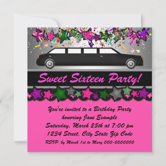 Invitation Fête d'anniversaire en limousine rose vif (Devant)