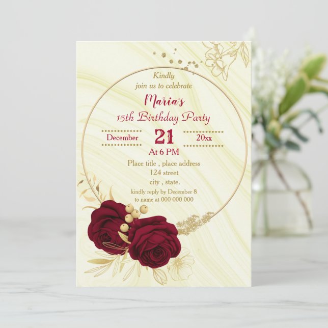 Invitation fête d'anniversaire en marbre de cercle floral or  (Debout devant)