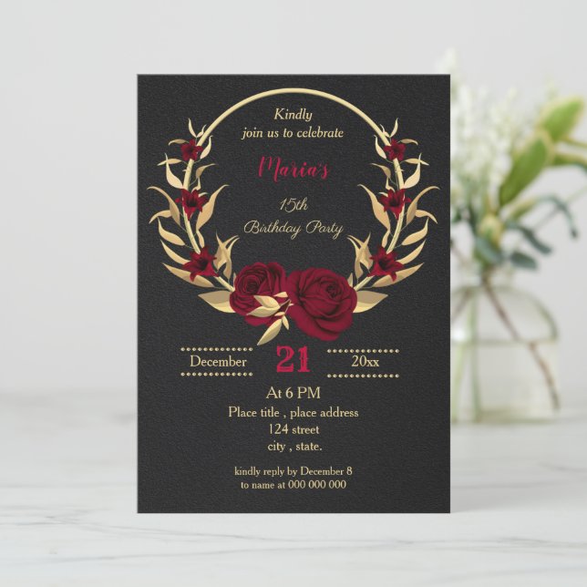Invitation fête d'anniversaire en or bordeaux floral noir (Debout devant)