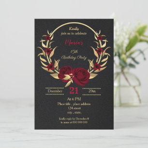 Invitation fête d'anniversaire en or bordeaux floral noir