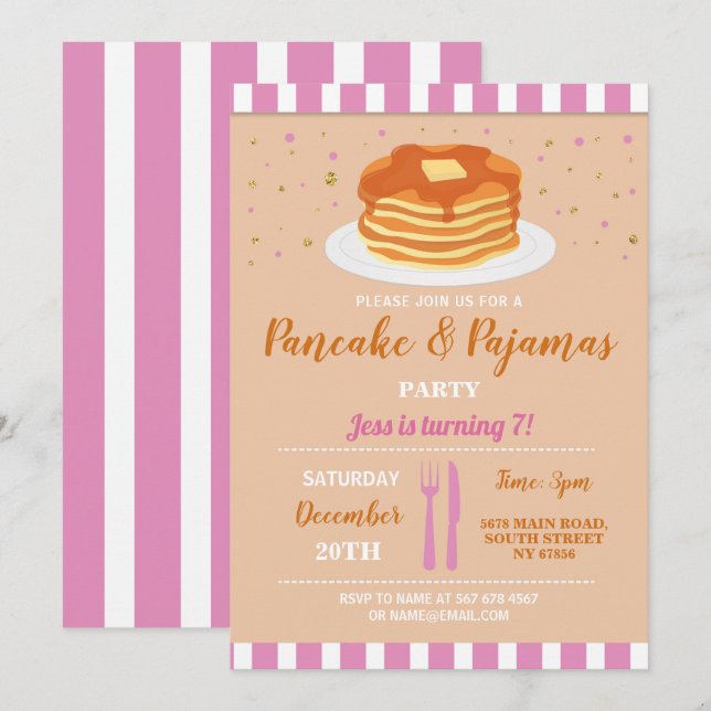 Invitation Fête d'anniversaire en pyjama avec des pancakes (Devant / Derrière)
